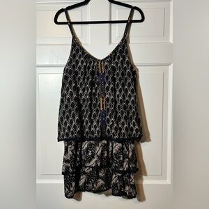 Free People Boho Mixed Print Cami Top Tiered Skirt Mini Dress.  Neutral Colors.